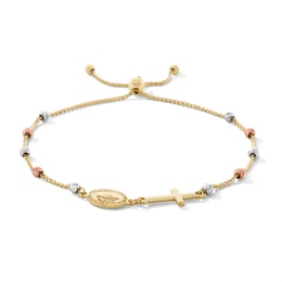 10K Solid Gold Tri-Tone Cross and Charm Wheat Chain Bolo Bracelet - 9”