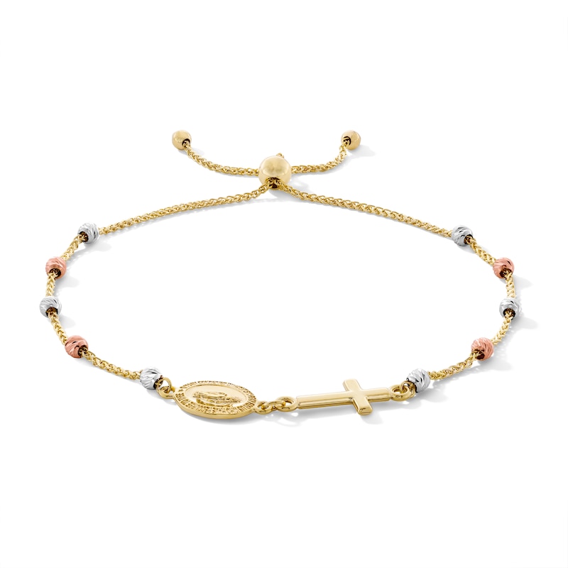 Main Image 1 of 10K Solid Gold Tri-Tone Beaded Rosary Bolo Bracelet - 9”