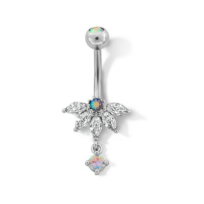 Stainless Steel CZ and Crystal Marquise Flower Dangle Belly Button Ring - 14G 7/16"