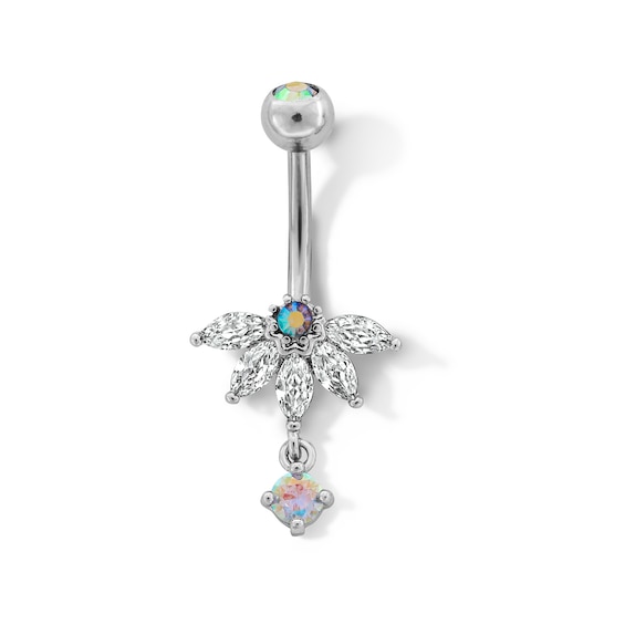 Stainless Steel CZ and Crystal Marquise Flower Dangle Belly Button Ring - 14G 7/16"