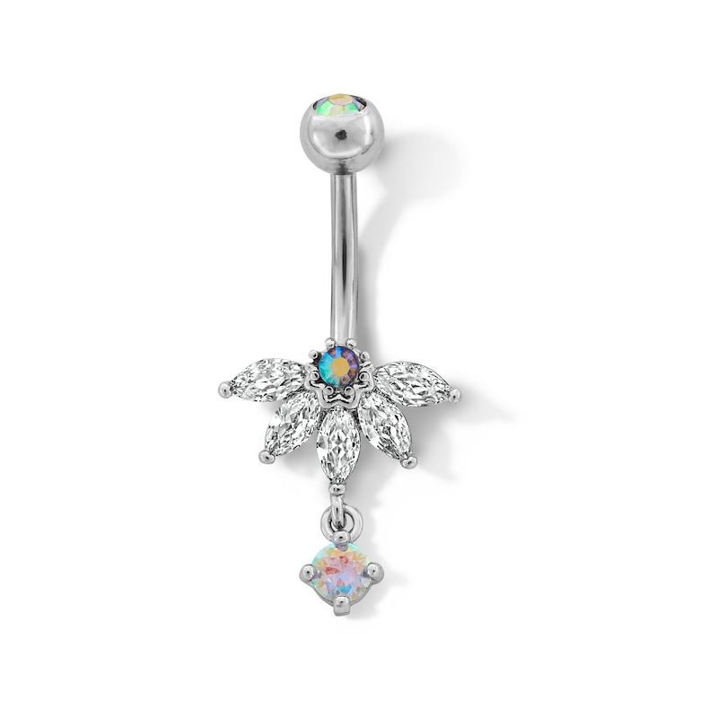 Stainless Steel CZ and Crystal Marquise Flower Dangle Belly Button Ring - 14G 7/16"