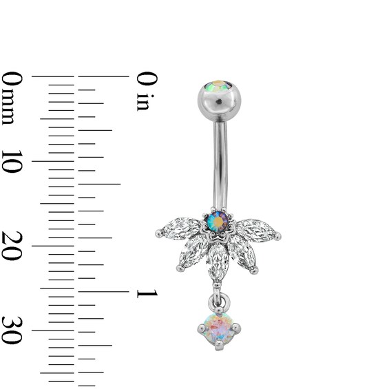 Stainless Steel CZ and Crystal Marquise Flower Dangle Belly Button Ring - 14G 7/16"