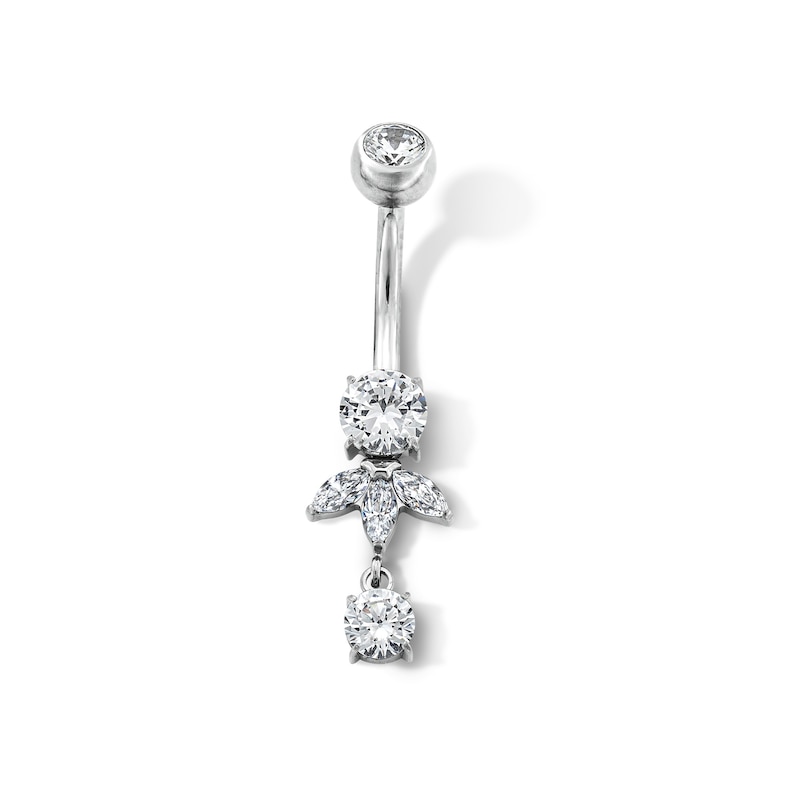 Solid Titanium CZ Round and Marquise Dangle Belly Button Ring - 14G 7/16"