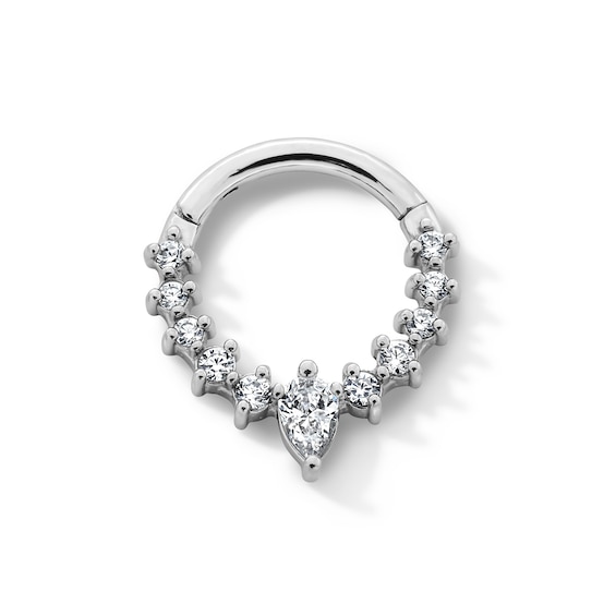 Semi-Solid Stainless Steel CZ Pear-Shaped and Round Hinged Hoop - 16G 5/16"