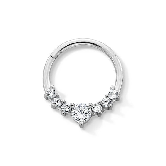 Semi-Solid Stainless Steel CZ 7 Stone Hinged Hoop - 16G 3/8"