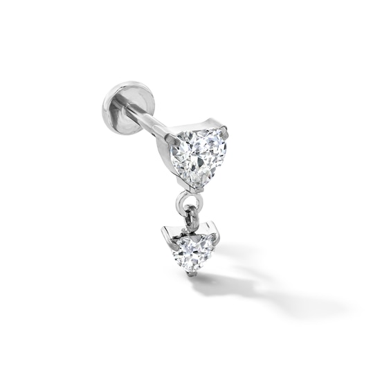 Solid Titanium CZ Double Heart Dangle Cartilage Stud - 18G 5/16"
