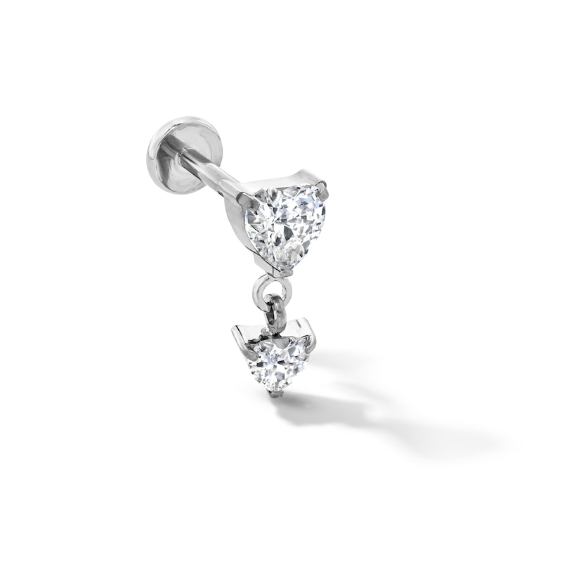 Solid Titanium CZ Double Heart Dangle Cartilage Stud - 18G 5/16"