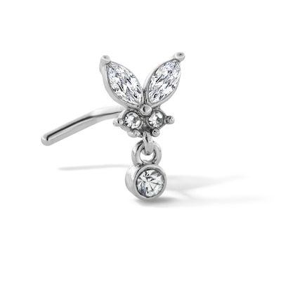 Stainless Steel CZ Butterfly Dangle L-Shaped Nose Stud - 20G