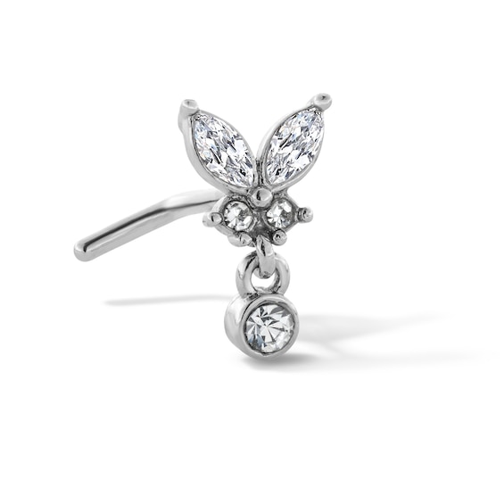 Stainless Steel CZ Butterfly Dangle L-Shaped Nose Stud - 20G