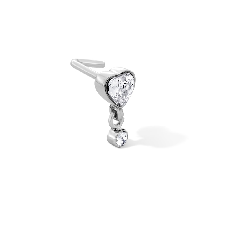 Solid Stainless Steel CZ Heart L-Shape Dangle Nose Stud - 18G 1/4"
