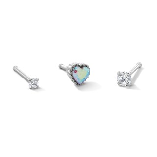 Solid Stainless Steel Iridescent Heart and Solitaire CZ Nose Stud Set - 20G 1/4"