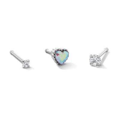 Solid Stainless Steel Iridescent Heart and Solitaire CZ Nose Stud Set - 20G 1/4"