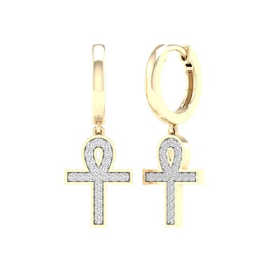 14K Gold Plated 1/4 CT. T.W. Lab-Grown Diamond Ankh Drop Huggie Hoops
