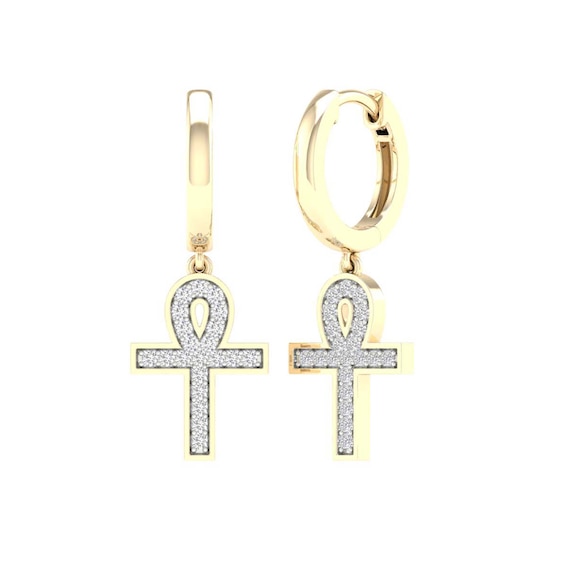 14K Gold Plated 1/4 CT. T.W. Lab-Grown Diamond Ankh Drop Huggie Hoops