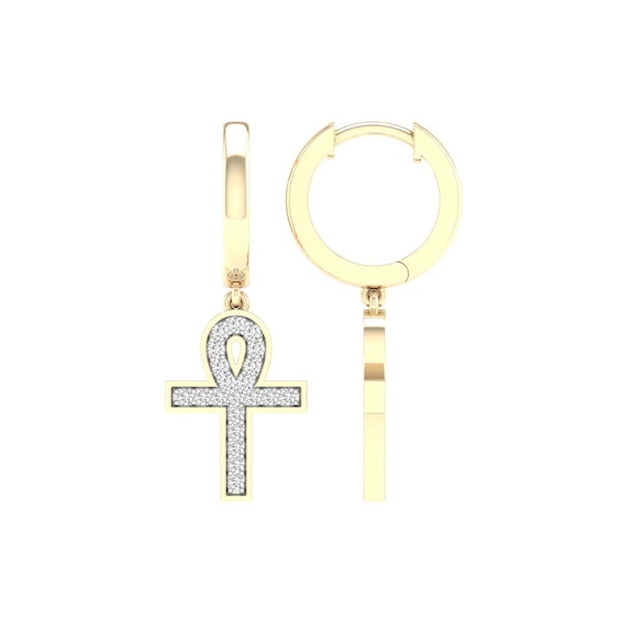 14K Gold Plated 1/4 CT. T.W. Lab-Grown Diamond Ankh Drop Huggie Hoops