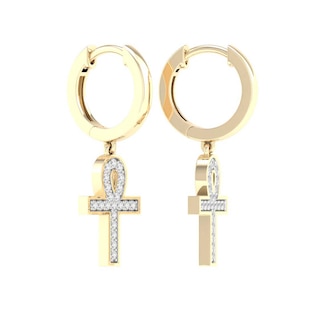 14K Gold Plated 1/4 CT. T.W. Lab-Grown Diamond Ankh Drop Huggie Hoops