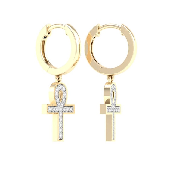 14K Gold Plated 1/4 CT. T.W. Lab-Grown Diamond Ankh Drop Huggie Hoops
