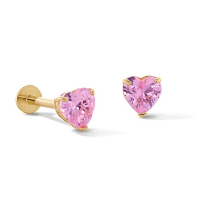 10K Gold CZ Pink Heart Flat Back Studs