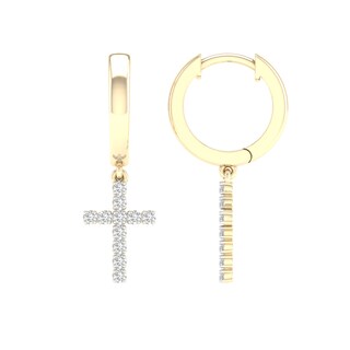 14K Gold Plated 1/6 CT. T.W. Lab-Grown Diamond Cross Drop Huggie Hoops