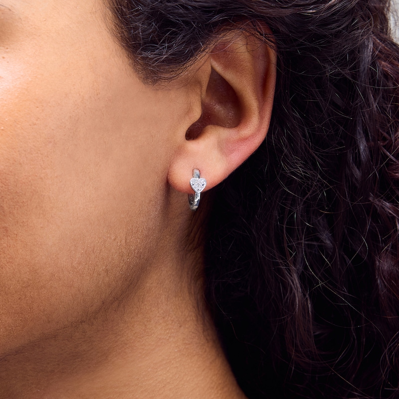 Main Image 2 of Sterling Silver 1/20 CT. T.W. Lab-Grown Diamond Cluster Heart Huggie Hoops