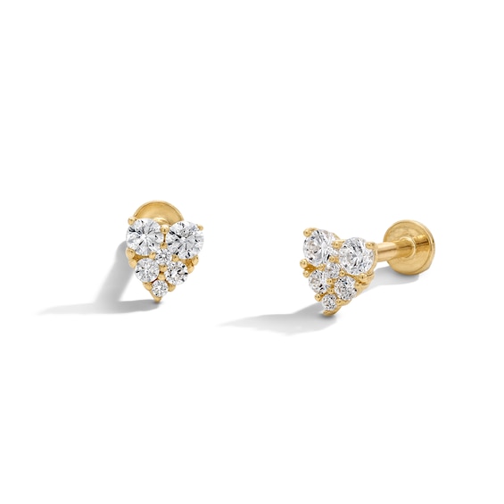 10K Gold CZ Pavé Heart Flat Back Studs