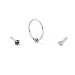 Stainless Steel Black CZ, Ball, and Hoop Nose Set - 20G