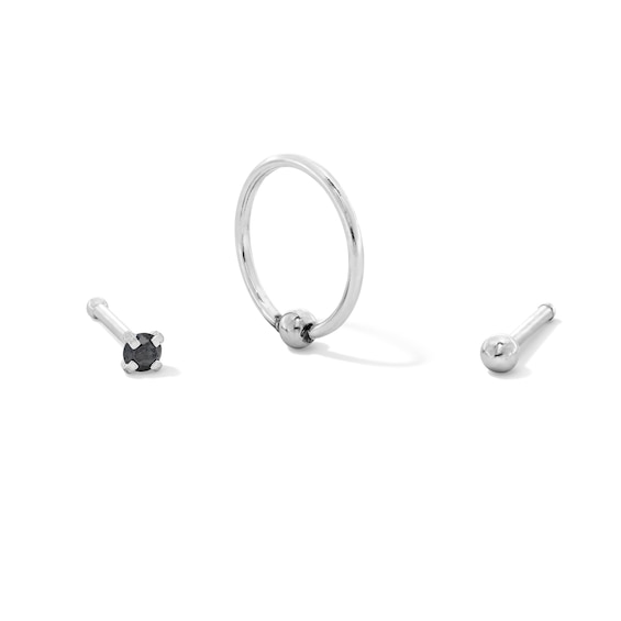 Stainless Steel Black CZ, Ball, and Hoop Nose Set - 20G