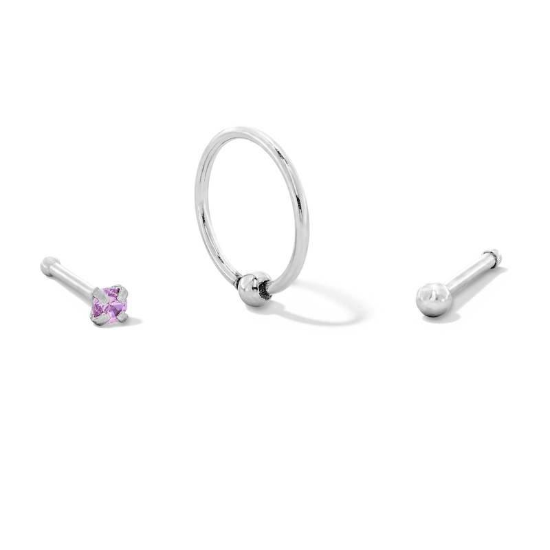 Semi-Solid Stainless Steel Pink CZ Nose Stud and Hoop Set - 20G