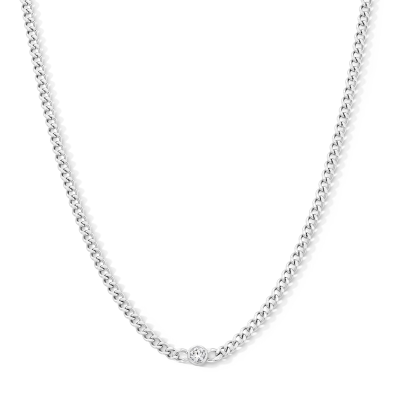 Solid Sterling Silver CZ Round Bezel Curb Chain - 18"