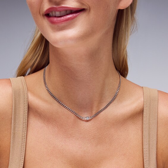 Solid Sterling Silver CZ Round Bezel Curb Chain - 18"