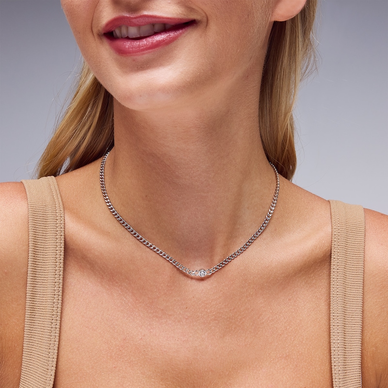 Main Image 2 of Solid Sterling Silver Curb Chain with CZ - 18"