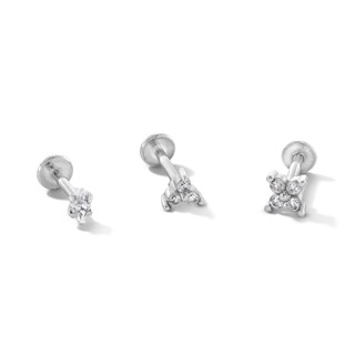 Stainless Steel CZ Stud, Flower, and Tricluster Stud Set - 18G