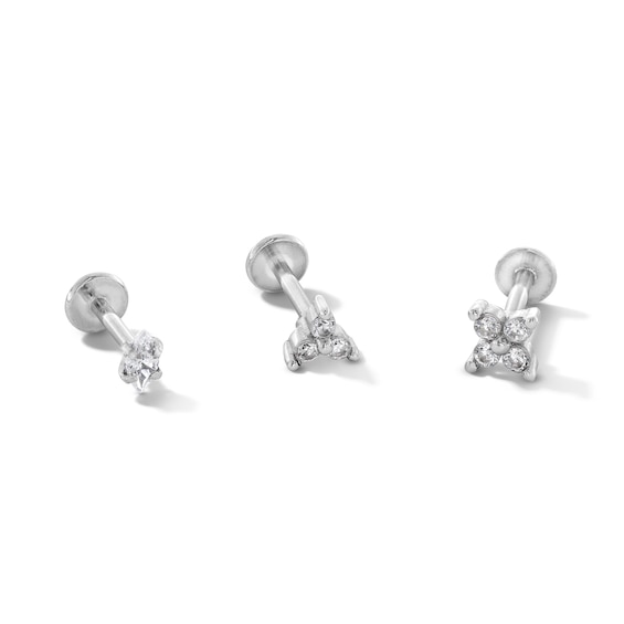 Stainless Steel CZ Stud, Flower, and Tricluster Stud Set - 18G