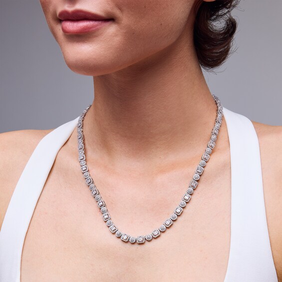 Sterling Silver CZ Round and Baguette Station Necklace - 20"