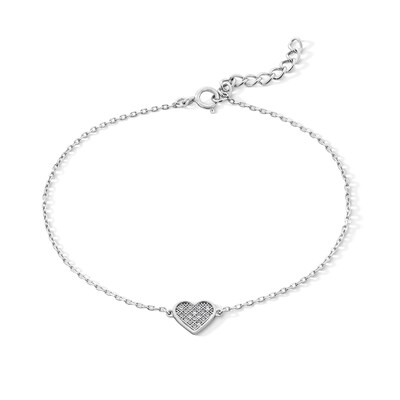 Solid Sterling Silver CZ Pavé Heart Bracelet - 7" + 1"
