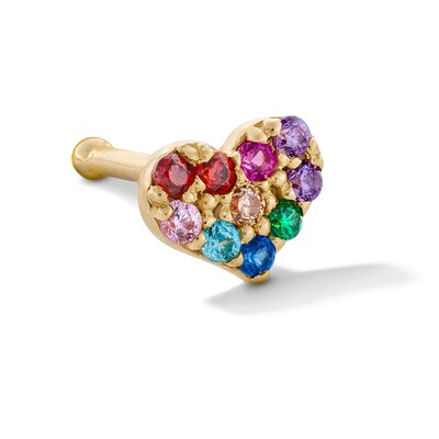14K Gold CZ Rainbow Heart Nose Stud - 22G