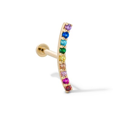 14K Gold CZ Rainbow Curved Bar Stud - 18G 5/16"