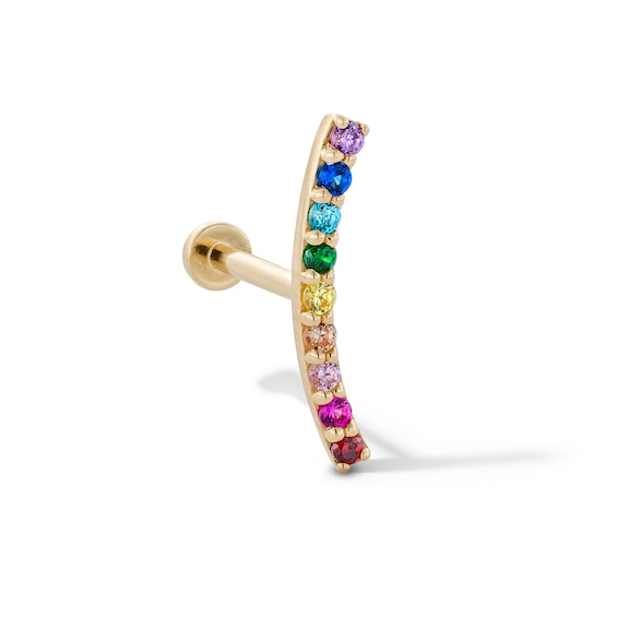 14K Gold CZ Rainbow Curved Bar Stud - 18G 5/16"