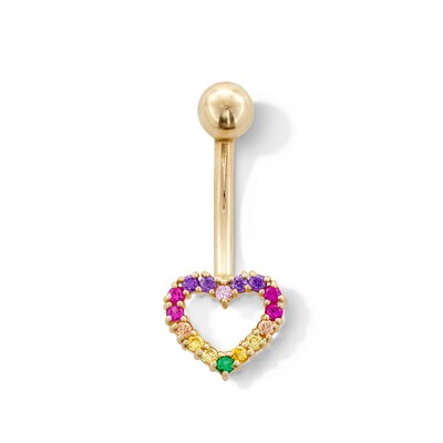 10K Gold CZ Rainbow Open Heart Belly Button Ring - 14G