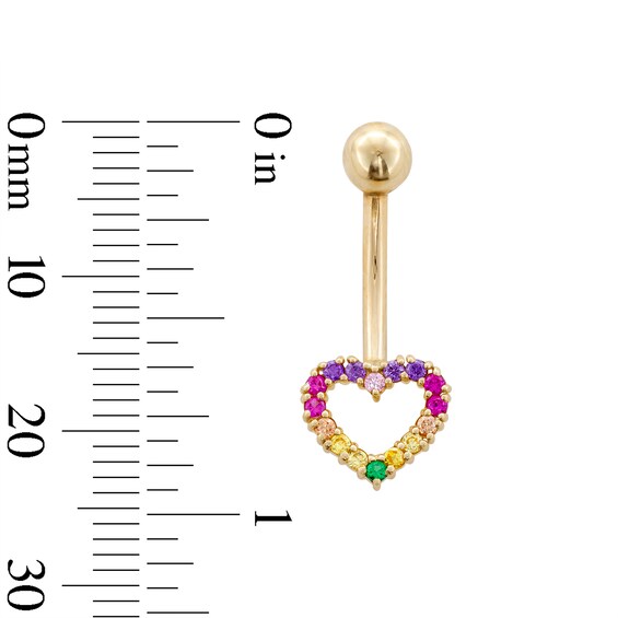 10K Gold CZ Rainbow Open Heart Belly Button Ring - 14G