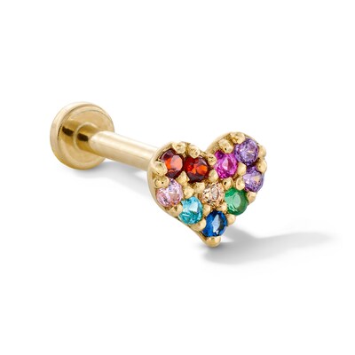 14K Gold CZ Rainbow Pavé Heart Stud - 18G 5/16"