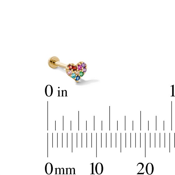 14K Gold CZ Rainbow Pavé Heart Stud - 18G 5/16"