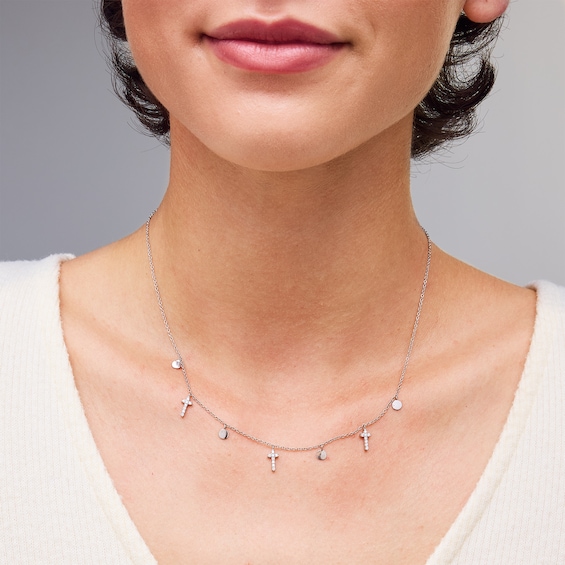 Sterling Silver CZ Round and Cross Necklace - 16" + 2"