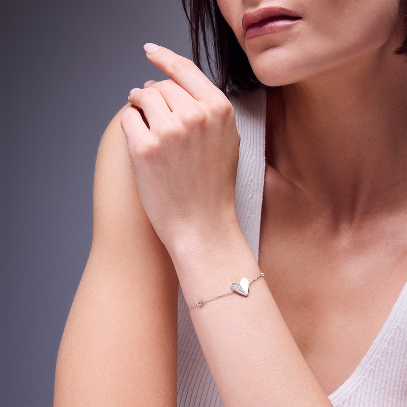 Main Image 2 of Sterling Silver CZ Heart and Bezel-Set Round Stone Bracelet - 7" + 1"