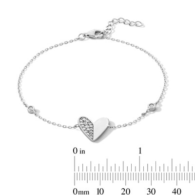 Sterling Silver CZ Heart and Bezel-Set Round Stone Bracelet - 7" + 1"