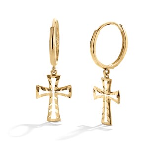 10K Gold Diamond-Cut Open Cross Dangle Huggie Hoops