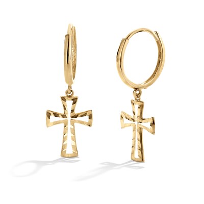 10K Gold Diamond-Cut Open Cross Dangle Huggie Hoops