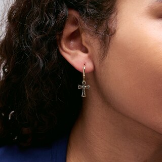 10K Gold Diamond-Cut Open Cross Dangle Huggie Hoops