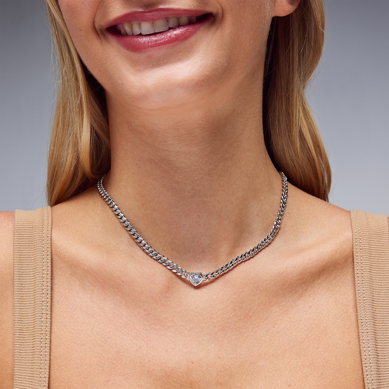 Main Image 2 of Solid Sterling Silver Curb Chain with Heart CZ - 18"