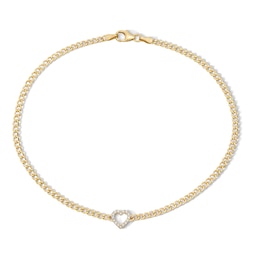 10K Gold Bonded CZ Heart Curb Chain Anklet - 10"